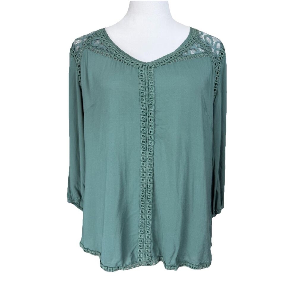 Ezra Women's Top Blouse L Green Lace Trim Peasant Cottagecore Boho Lightweight